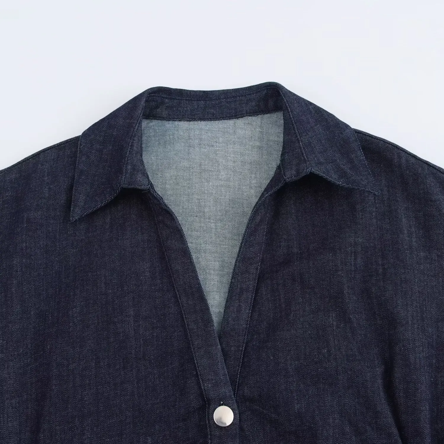 ETJ 2025 traf Spring New 1975 series denim MIDI dress with lapel side zipper fashion wrinkle waist slim elegant dress - Image 4