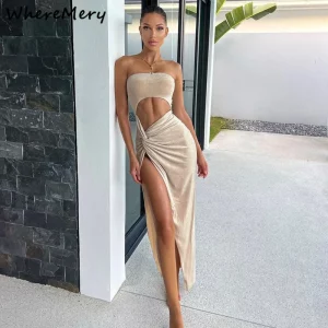 WhereMery Sexy Sleeveless Slit Dress Hollow Out Elegant Skinny Women Long Dresses Summer 2024 Fashion Ladies Party Club Vestidos
