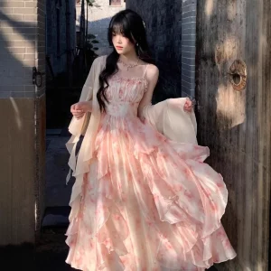 Korean Style Summer New Elegant Oil Painting Smear Print Waist Cinching Lace Trim Halter Dress Women's Midi Dress Poly Fiber