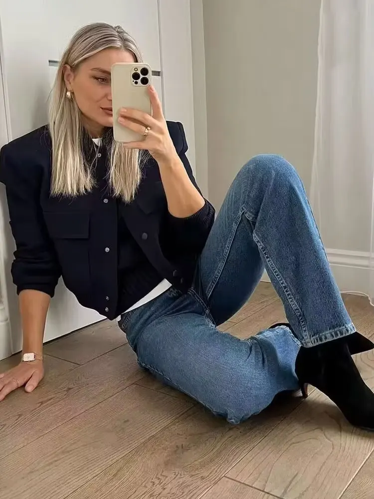 TRZA Women Fashion With Pockets Bomber Jacket Coats Vintage Long Sleeve Front Button Casual Female Outerwear Chic Tops - Image 4