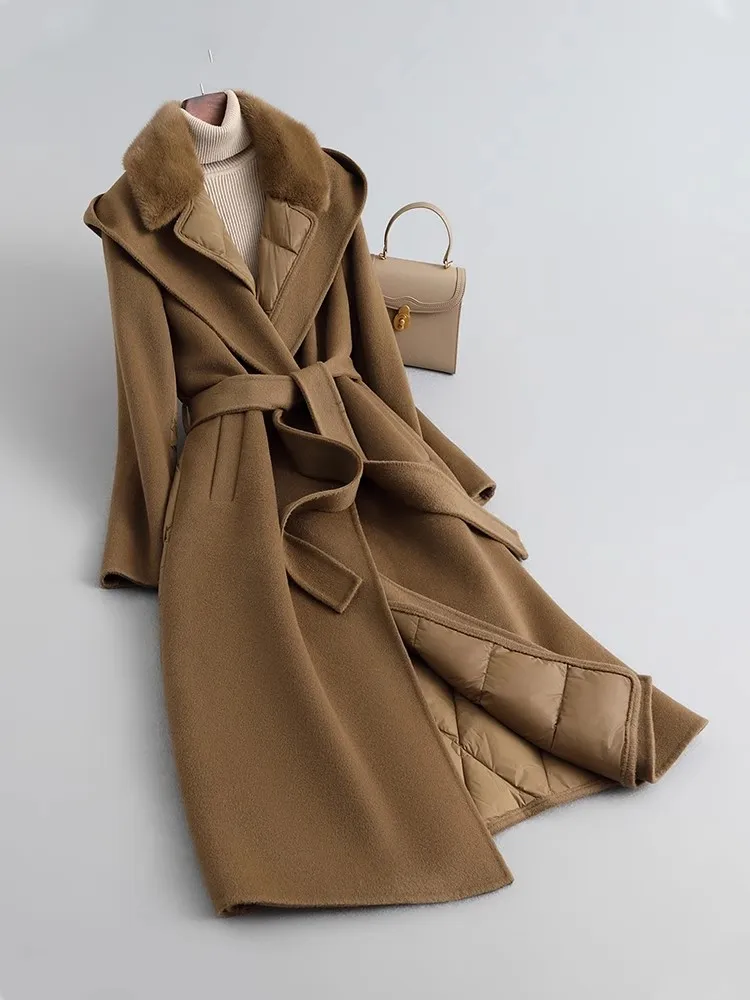 Women White Goose Down Thicken Double-Faced Woolen Fur Mid-Length Long Mink Fur Slimming Cashmere Down Jacket Hoodie Coat Hooded - Image 4