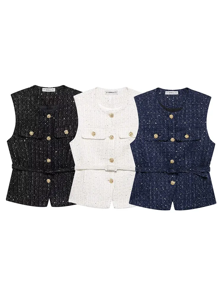 TRAFZA Women Fashion Tweed Belt Waistcoat O Neck Single Breasted Sleeveless Vests Spring Summer Office Lady Outerwear Chic Tops - Image 6