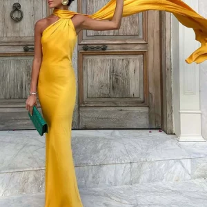 Elegant Solid Ribbon Women Halter Dress Off Shoulder Sleeveless Backless Slim Female Maxi Dresses 2025 Summer New Chic Lady Robe