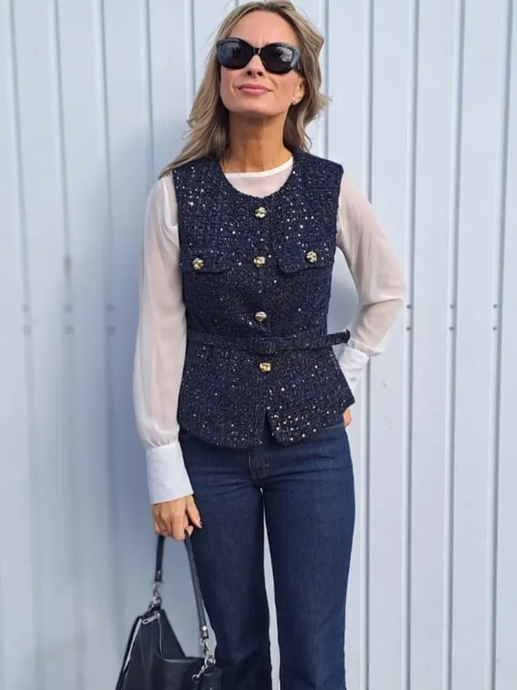 TRAFZA Women Fashion Tweed Belt Waistcoat O Neck Single Breasted Sleeveless Vests Spring Summer Office Lady Outerwear Chic Tops - Image 4