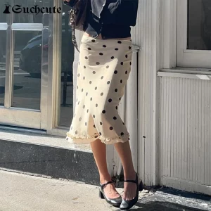SUCHCUTE Fashion Dot Print Midi-Length Skirt Women Elegant Ruched Edge Hem Straight Skirts Summer Casual Office Ladies Outfits