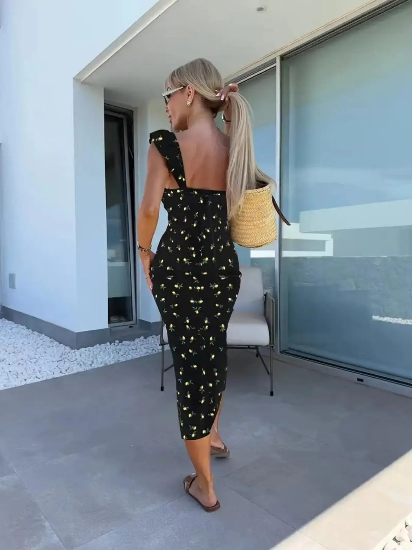 New European and American summer elegant design printed suspender slit midi-length ladies dress - Image 4