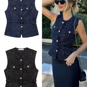 TRAFZA Women Fashion Tweed Belt Waistcoat O Neck Single Breasted Sleeveless Vests Spring Summer Office Lady Outerwear Chic Tops