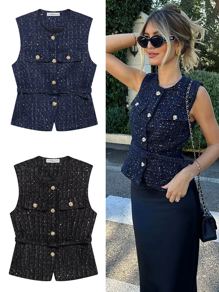 TRAFZA Women Fashion Tweed Belt Waistcoat O Neck Single Breasted Sleeveless Vests Spring Summer Office Lady Outerwear Chic Tops