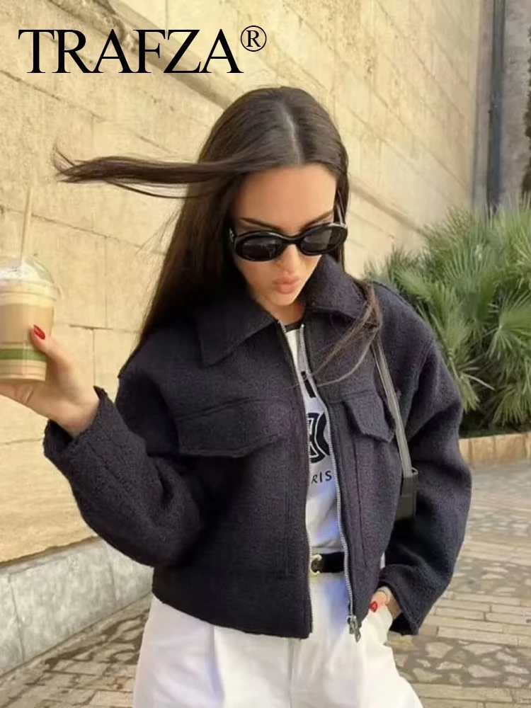 TRAFZA Women Outerwear Grey Coats With Pockets Turn-Down Collar Long Sleeve Zipper Jacket Fashion Woman High Street Lady Outfits - Image 4