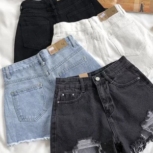 Women's Ripped Jeans Short Pants, Casual High Waist Denim Shorts, Female Clothing, Summer Pocket Hole, 2023