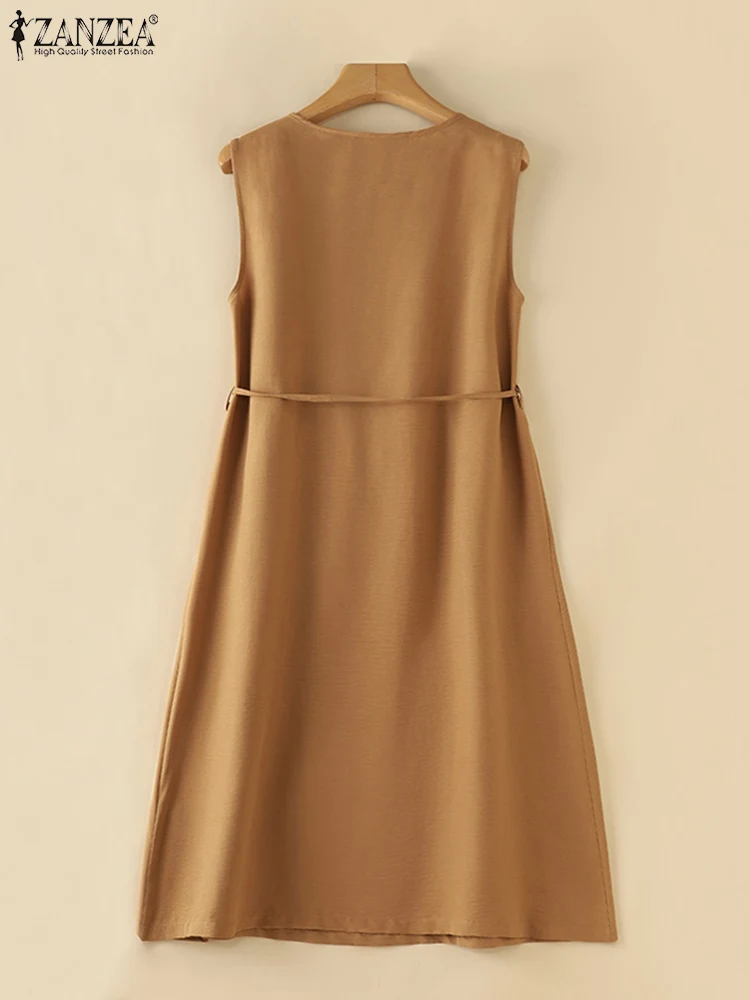 ZANZEA Women Round Neck A-lin Midi Dress Korean Casual Tank Robe Casual Solid Pleated Vestidos 2024 Summer Sleeveless Sundress - Image 5