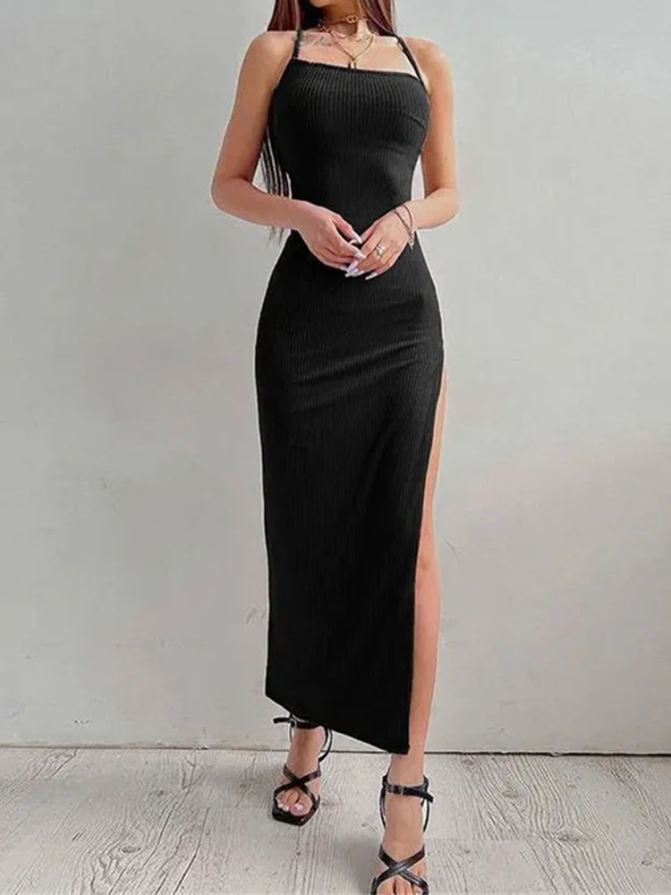 Sexy Black Long Bodycon Dress Women Summer Sleeveless Blackless Halter Neck Spaghetti Strap Dresses High Split Vestidos - Image 6
