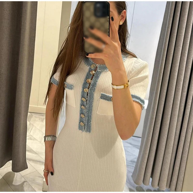 Elegant Denim Patchwork Knitted Long Dress Women Fashion V Neck Short Sleeved Buttons Bodycon Dresses Female White Pockets Robes - Image 3