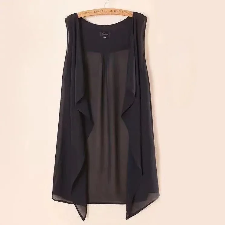 Chiffon Vests Women Holiday Street Solid Black Sweet Thin Summer All-match Fairy Outerwear Sexy Long Draped Open Stitch Vintage - Image 2