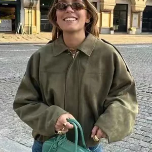 Vintage Women Green Oversize Bomber Jackets 2025 Fashion Ladies Elegant Loose Soft Outfits Jacket for Party Female Chic Clothes