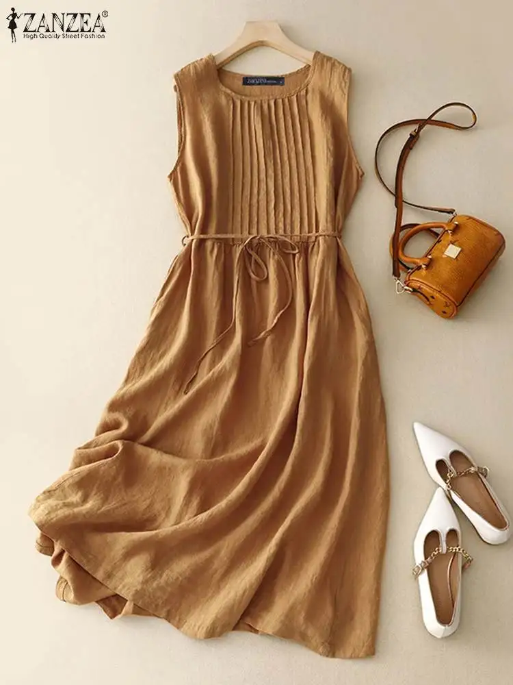 ZANZEA Women Round Neck A-lin Midi Dress Korean Casual Tank Robe Casual Solid Pleated Vestidos 2024 Summer Sleeveless Sundress - Image 2