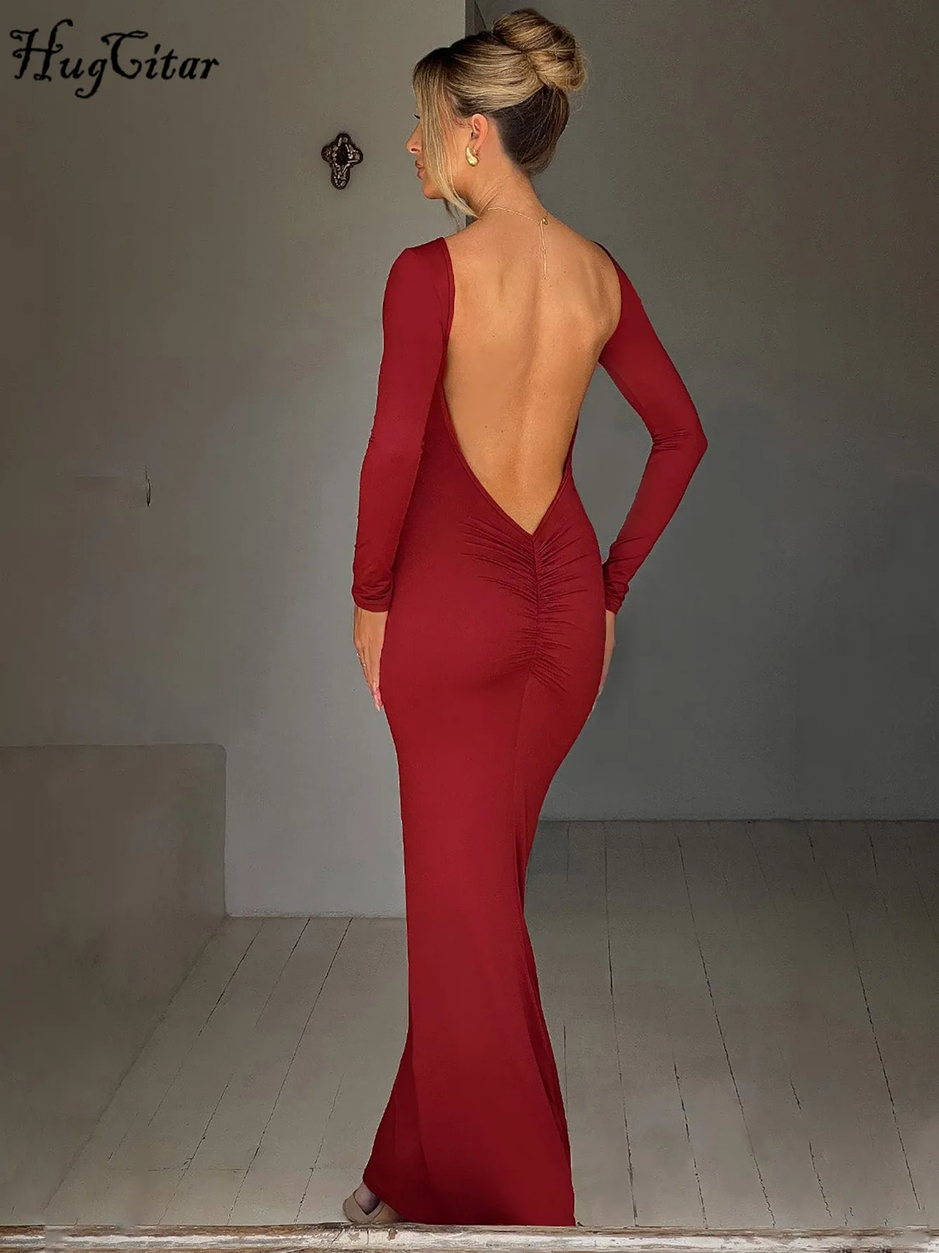 Hugcitar Spring Elegant Long Sleeve Backless Solid Cuched Sexy Bodycon Maxi Prom Dress Women Outfit Evening Party Festival Y2K - Image 5