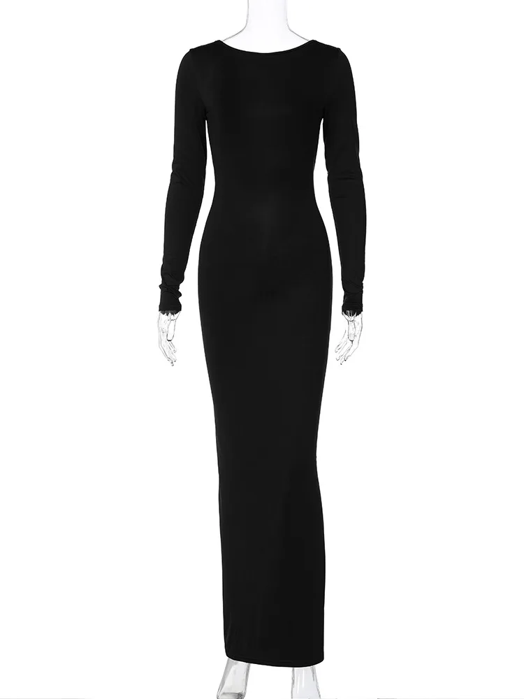 Hugcitar Spring Elegant Long Sleeve Backless Solid Cuched Sexy Bodycon Maxi Prom Dress Women Outfit Evening Party Festival Y2K - Image 6