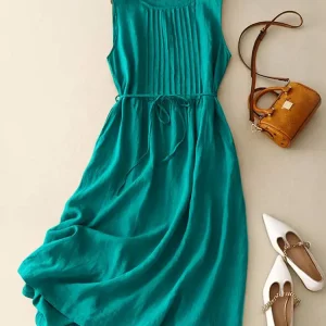 ZANZEA Women Round Neck A-lin Midi Dress Korean Casual Tank Robe Casual Solid Pleated Vestidos 2024 Summer Sleeveless Sundress