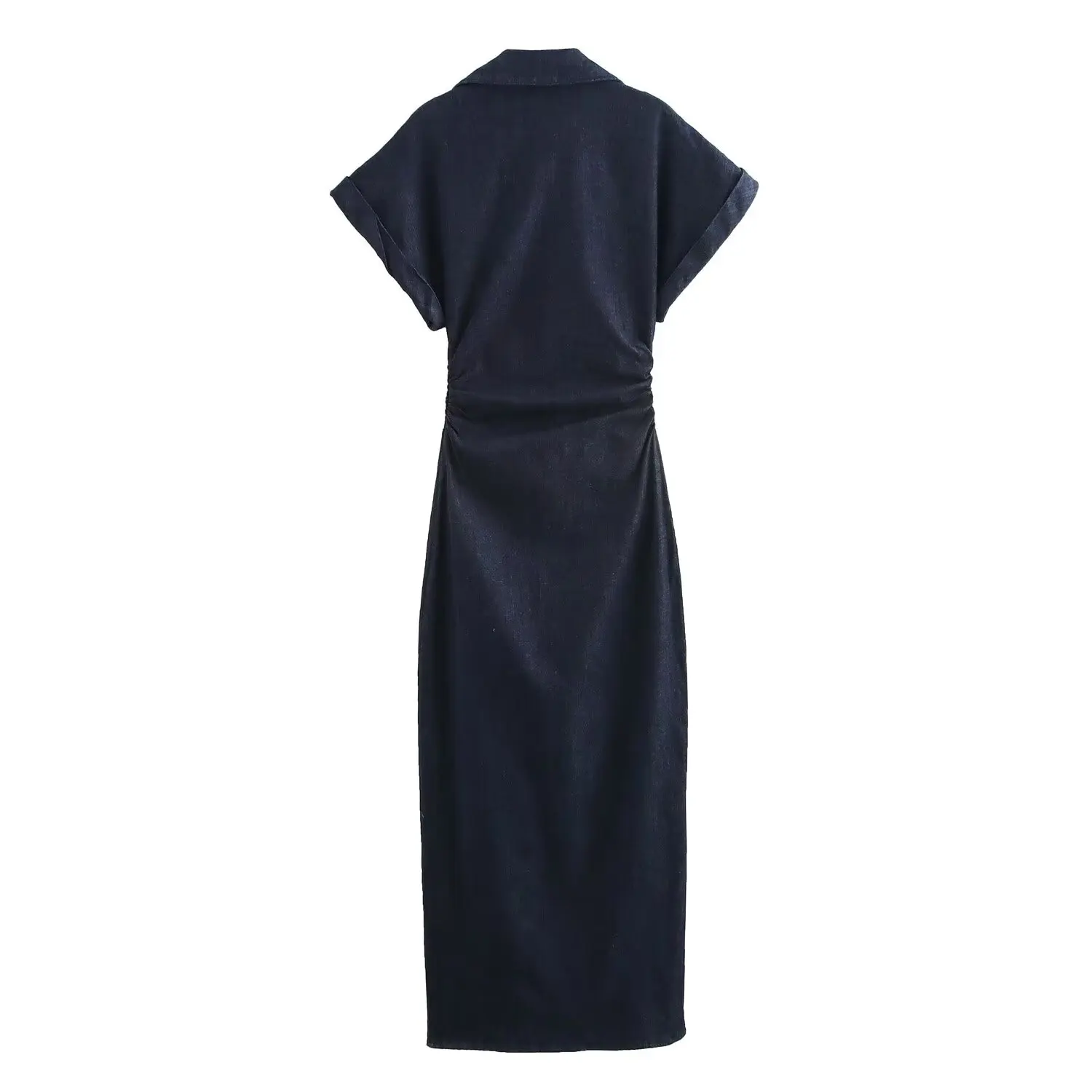 ETJ 2025 traf Spring New 1975 series denim MIDI dress with lapel side zipper fashion wrinkle waist slim elegant dress - Image 6