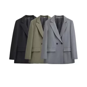 TRZA-Women's Double Breasted Office Wear Blazer Coat, Long Sleeve, Flap Pockets, Female Outerwear, Chic Tops, Fashion