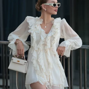 Bornladies Spring New Chiffon Dress Women's Long Lantern Sleeve Deep V Neck Ruffle Tie Waist Short Skirt Elegant French Style