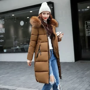 Kalenmos 2021 Fall New Women's Long Parkas Hooded Big Fur Collar Down Padded Coat Woman Korean Solid Color Streetwear Bread Tops
