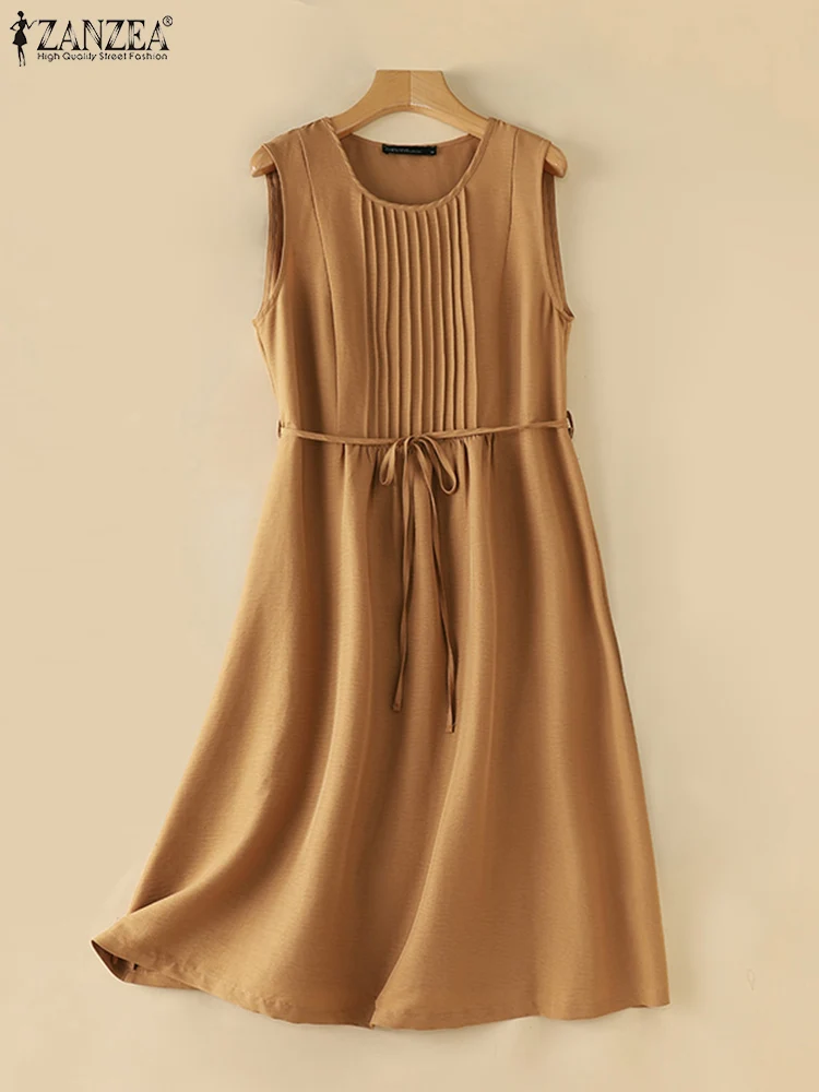 ZANZEA Women Round Neck A-lin Midi Dress Korean Casual Tank Robe Casual Solid Pleated Vestidos 2024 Summer Sleeveless Sundress - Image 4