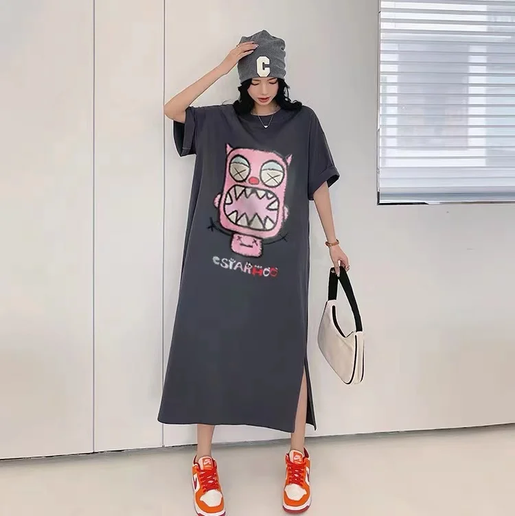 Summer New Loose Fit Printed ort Sve round Ne Dr Cartoon Anime Commute Sle Korean Version H pe Long Dr - Image 2