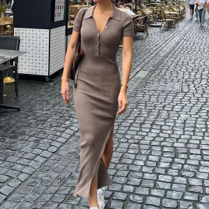 Kliou Elegant Office Lady Maxi Dress Women Solid Fashion Turn-down Collar Short Sleeve Button Side Slit Body-Shaping Street Robe