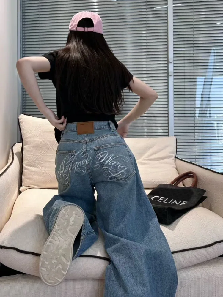 High Waist Wide Leg Jeans Women's Loose Floor-Length Diamond-Encrusted Straight Cut Bootcut Denim Pants Spring Summer - Image 4