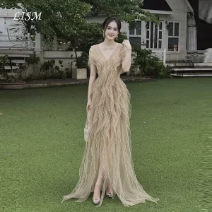 LISM V-Neck Tiered A-Line Korea Wedding Party Dresses Fairy Silk Tulle Elegant Prom Dresses Customize robe de mariée For Party