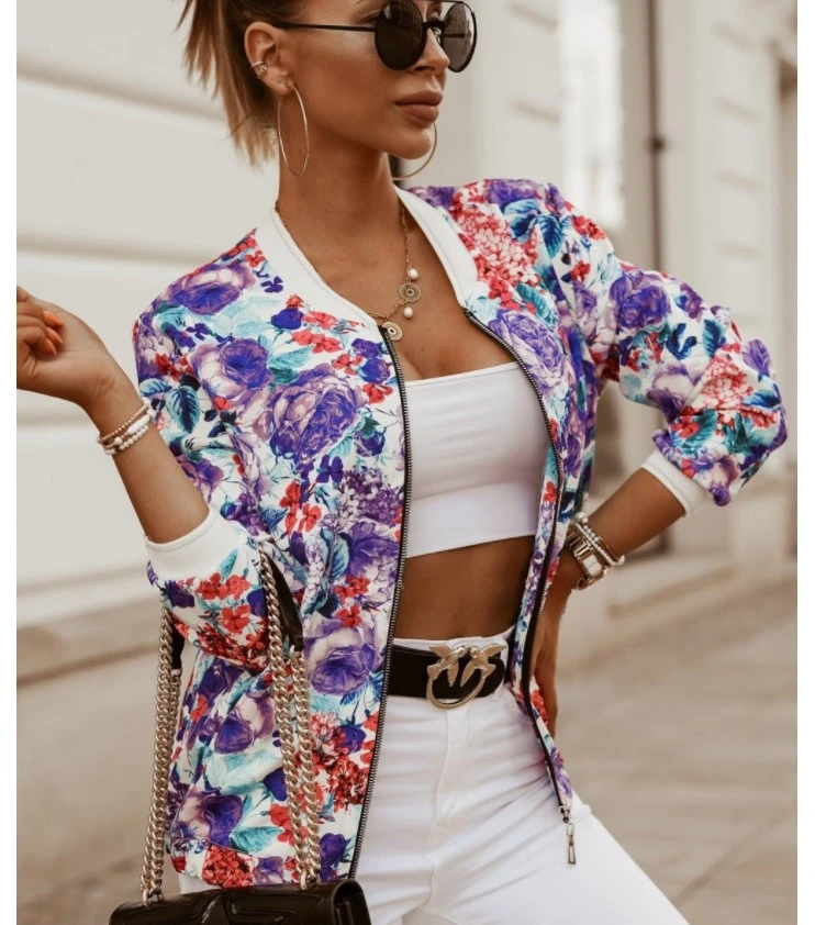 Casual Floral Printed Plus Size Bomber Jacket Autumn Elegant Zipper Coat Office Wear Slim Office Jackets Vintage Outwear 2024 - Image 6