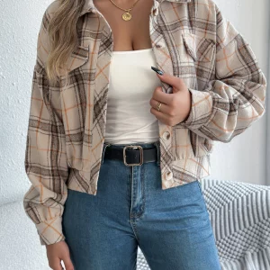 Autumn Winter Plaid Short Coat Lantern Long Sleeve Turn-Down Collar Button Woolen Jacket Women Clothes