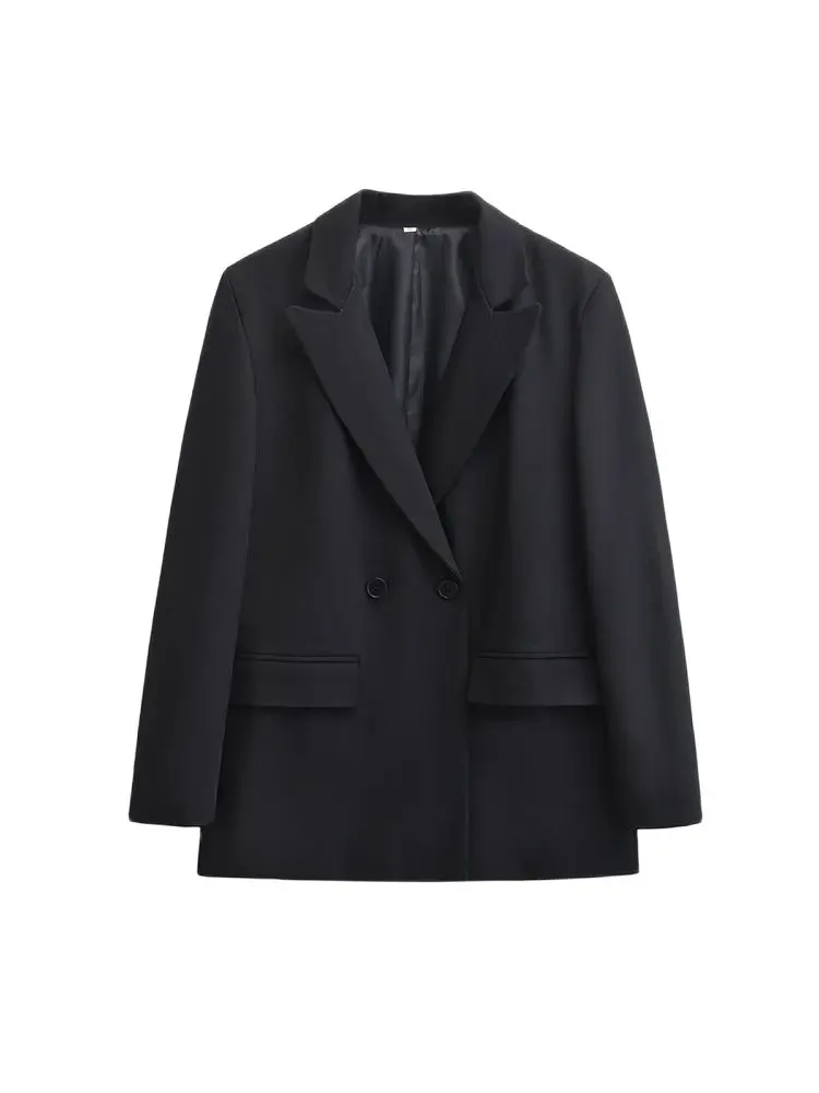 TRZA-Women's Double Breasted Office Wear Blazer Coat, Long Sleeve, Flap Pockets, Female Outerwear, Chic Tops, Fashion - Image 4