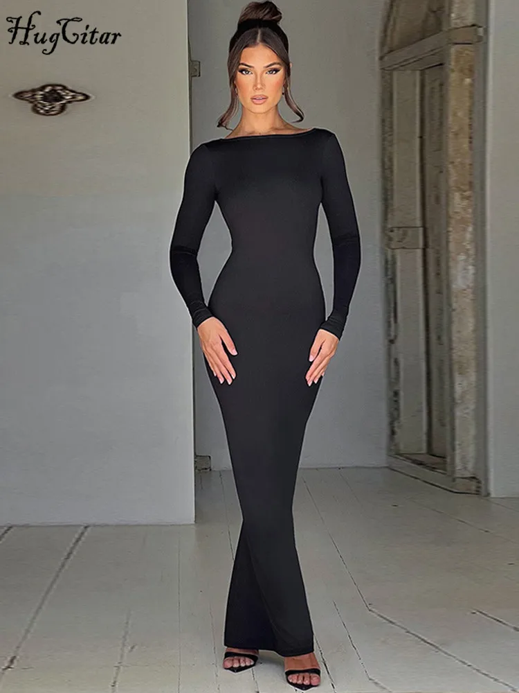Hugcitar Spring Elegant Long Sleeve Backless Solid Cuched Sexy Bodycon Maxi Prom Dress Women Outfit Evening Party Festival Y2K - Image 2