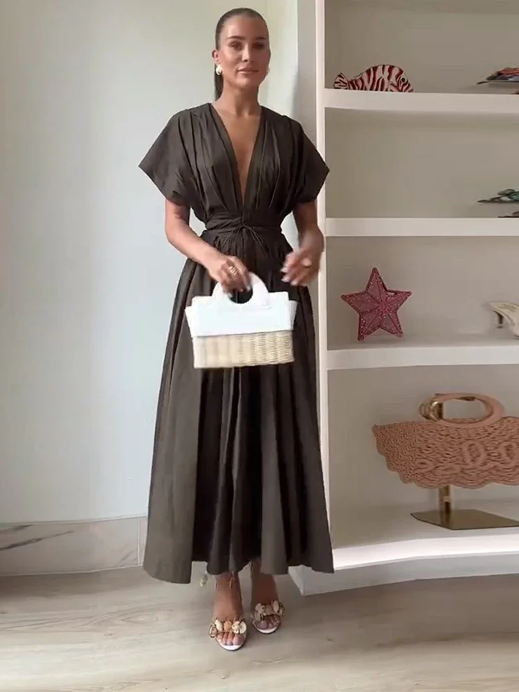 Summer Pleated A-line Midi Dress Women's Casual Lace Up Loose High Waist Solid Robes 2025 Office Lady Commute Street Vestidos - Image 3