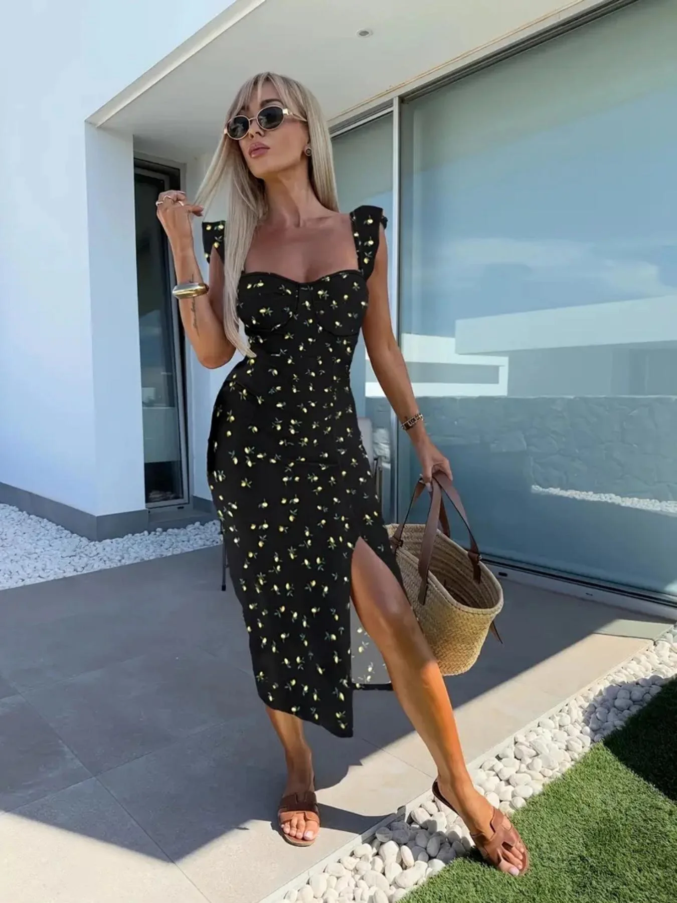 New European and American summer elegant design printed suspender slit midi-length ladies dress - Image 3