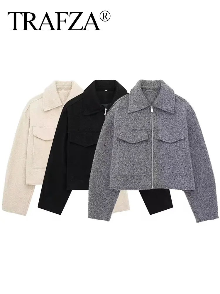 TRAFZA Women Outerwear Grey Coats With Pockets Turn-Down Collar Long Sleeve Zipper Jacket Fashion Woman High Street Lady Outfits - Image 6