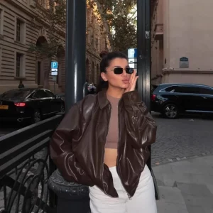 Women's Fashion Bomber Jacket New Style Leather-Like Material Loose Fit Cross-Border European And American Style Jacket