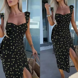 New European and American summer elegant design printed suspender slit midi-length ladies dress