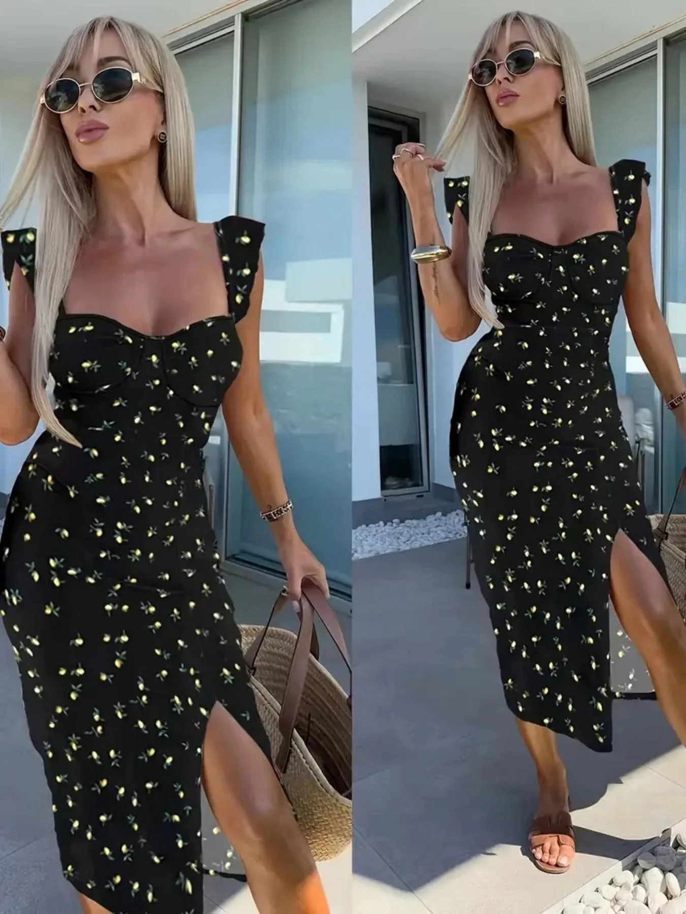 New European and American summer elegant design printed suspender slit midi-length ladies dress