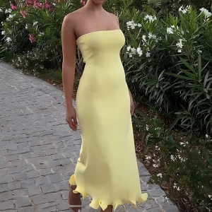 Dulzura Sleeveless Ruffles Patchwork Strapless Bodycon Midi Dress Women'S Solid Sexy Outfit Party Clubwear For Autumn Winter