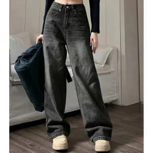 Women Fashion Loose Jeans Female High Waist Streetwear Designer Wide Leg Trousers Female Classic Gray Goth Straight Leg Pants