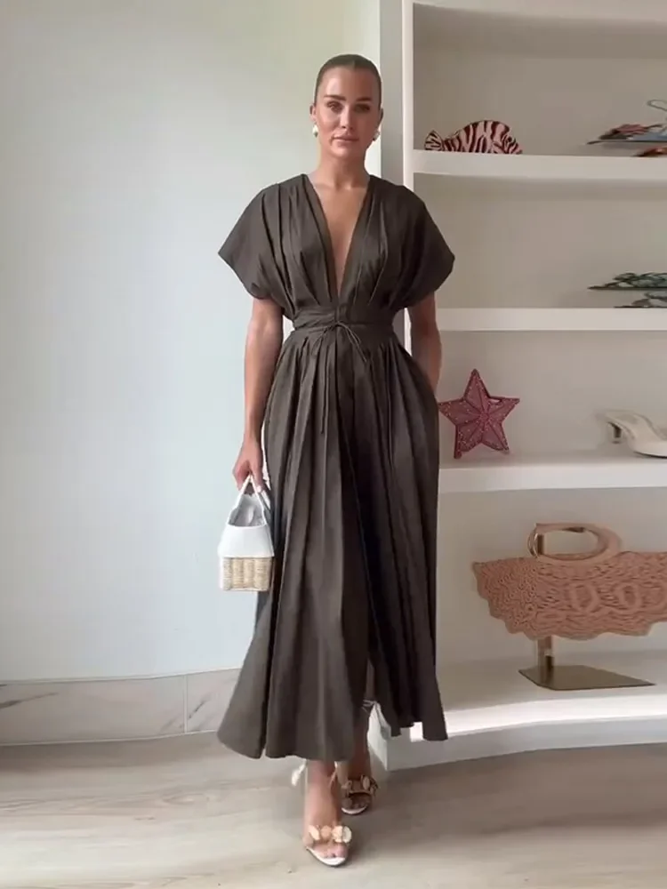 Summer Pleated A-line Midi Dress Women's Casual Lace Up Loose High Waist Solid Robes 2025 Office Lady Commute Street Vestidos - Image 2