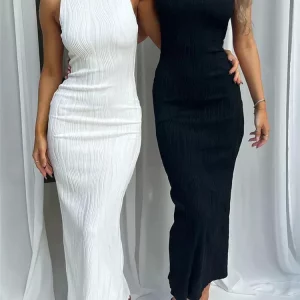 Sexy Women Long Dress Ruched Sleeveless Slim Solid Summer Party Back Split Dress Clubwear Female Vestido Outfits