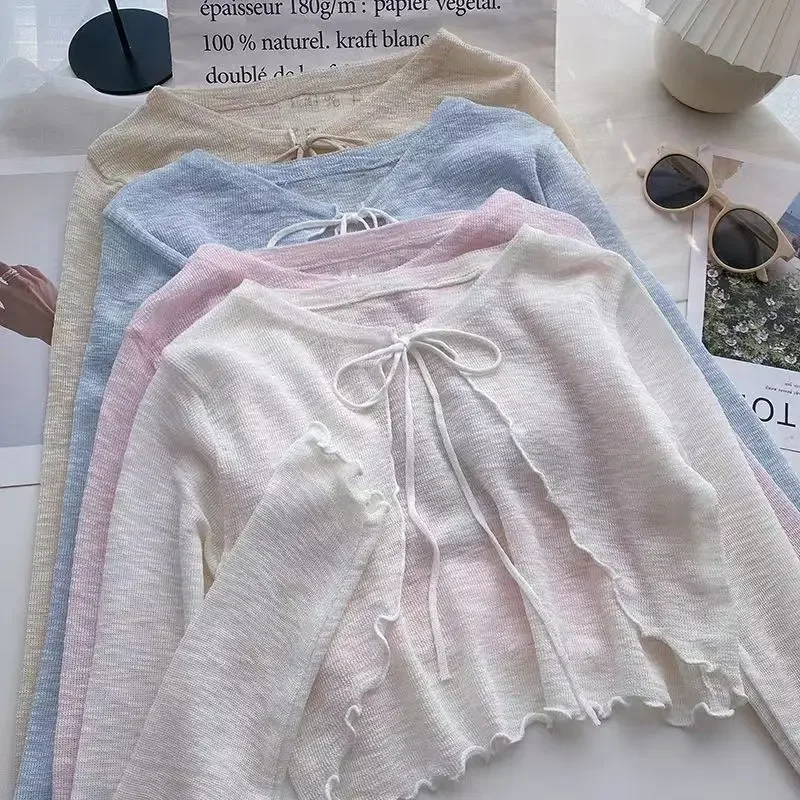 Summer Sun Protection Ice Silk Knitted Short Cardigan Women's Outerwear with Strap Vest Thin Air Conditioner Shirt Coat