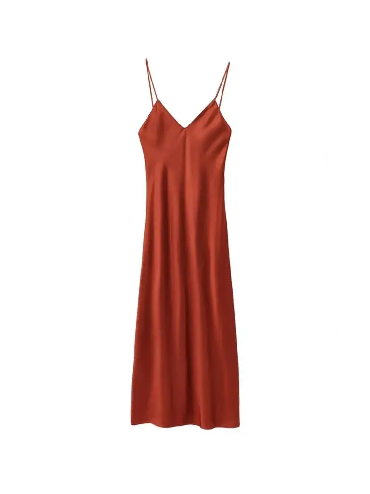 TRZA-Women's Satin Midi Dress, V Neck, Thin Straps, Backless, Female Dresses, Sexy Fashion - Image 6