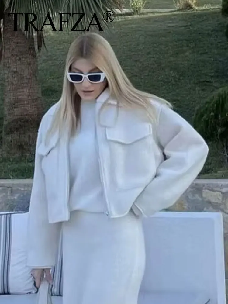 TRAFZA Women Outerwear Grey Coats With Pockets Turn-Down Collar Long Sleeve Zipper Jacket Fashion Woman High Street Lady Outfits - Image 5