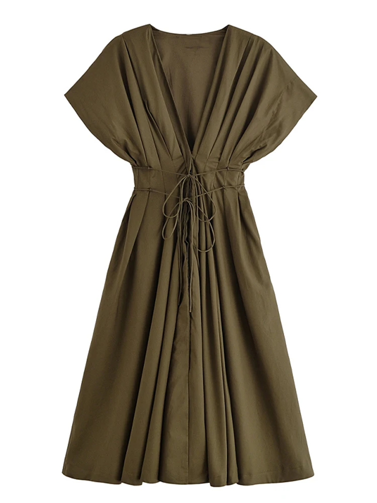 Summer Pleated A-line Midi Dress Women's Casual Lace Up Loose High Waist Solid Robes 2025 Office Lady Commute Street Vestidos - Image 6